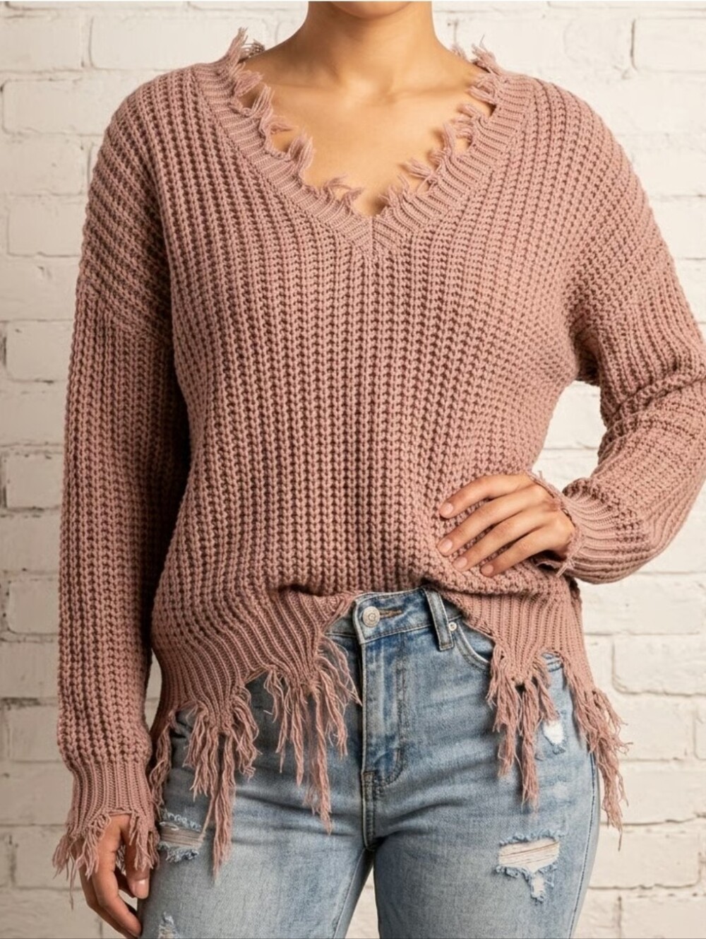 Fashion Nova Distressed V-Neck Sweater in Mauve